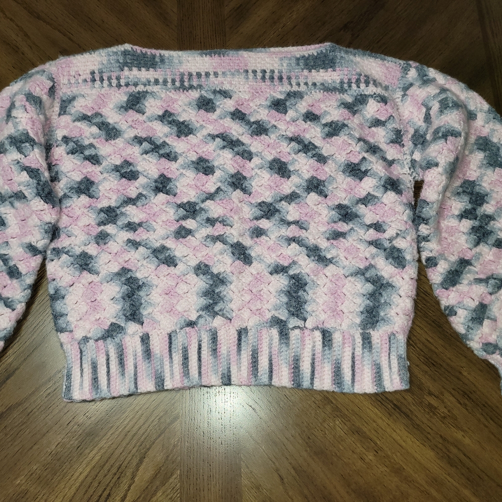Homemade? Crocheted Chic Pink and Gray Women's Sweater in y2k style